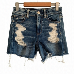 AEO Next Level Stretch Hi-rise Shortie Distressed Fray Denim Shorts